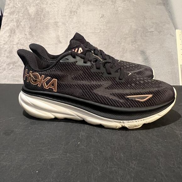 Hoka Clifton 9 Shoes Womens 8 D Black Gold Running Cushioned Athletic Sneakers - Picture 1 of 10